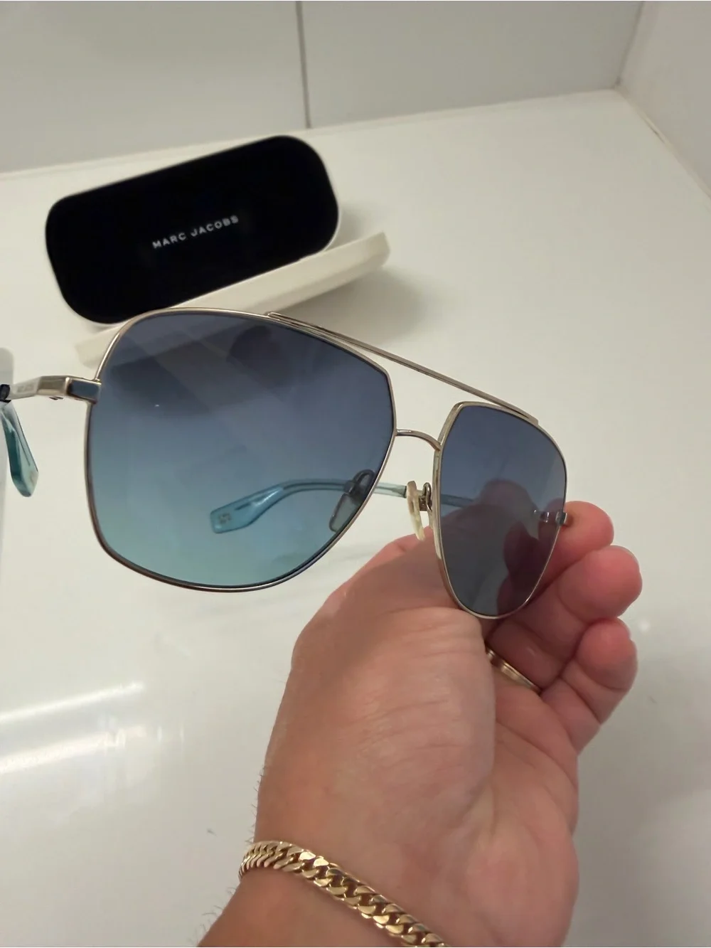 Marc Jacobs Gold Frame Sunglasses with Blue-Green Gradient Lenses